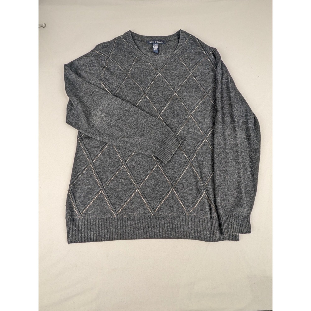 Davis & Squire Mens Gray Merino Wool Cashmere Argyle Crewneck Sweater Large